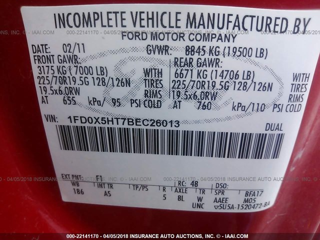 1FD0X5HT7BEC26013 - 2011 FORD F550 SUPER DUTY RED photo 10