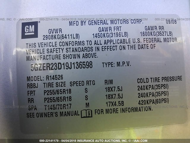 5GZER23D19J136598 - 2009 SATURN OUTLOOK XR ვერცხლისფერი ფოტო 9