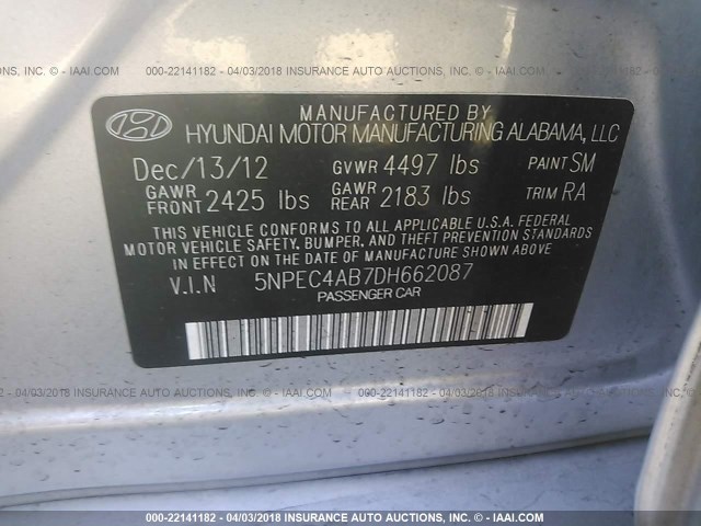 5NPEC4AB7DH662087 - 2013 HYUNDAI SONATA SE/LIMITED GRAY photo 9