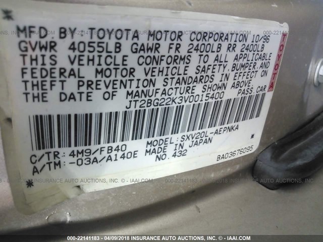 JT2BG22K3V0015400 - 1997 TOYOTA CAMRY LE/XLE GOLD photo 9