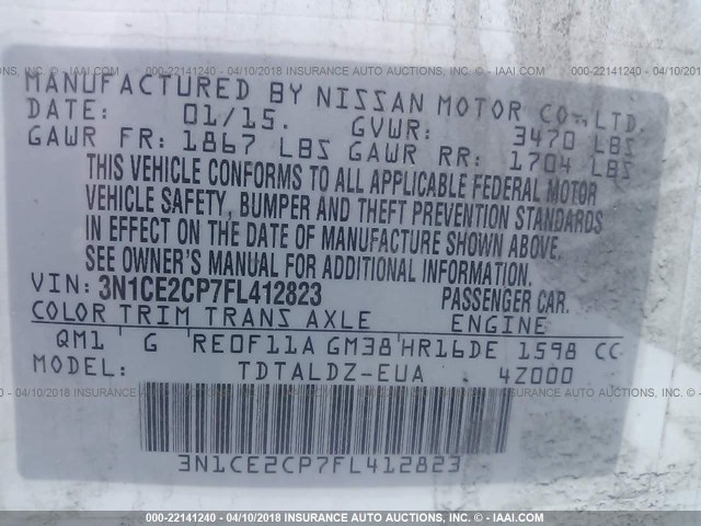 3N1CE2CP7FL412823 - 2015 NISSAN VERSA NOTE S/S PLUS/SV/SL/SR WHITE photo 9