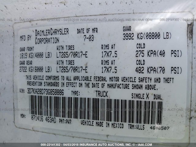 3D7KA28D73G858886 - 2003 DODGE RAM 2500 ST/SLT 白色 照片 9