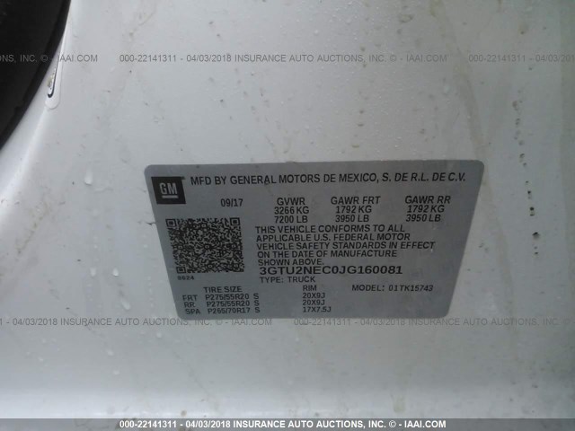 3GTU2NEC0JG160081 - 2018 GMC SIERRA K1500 SLT WHITE photo 9