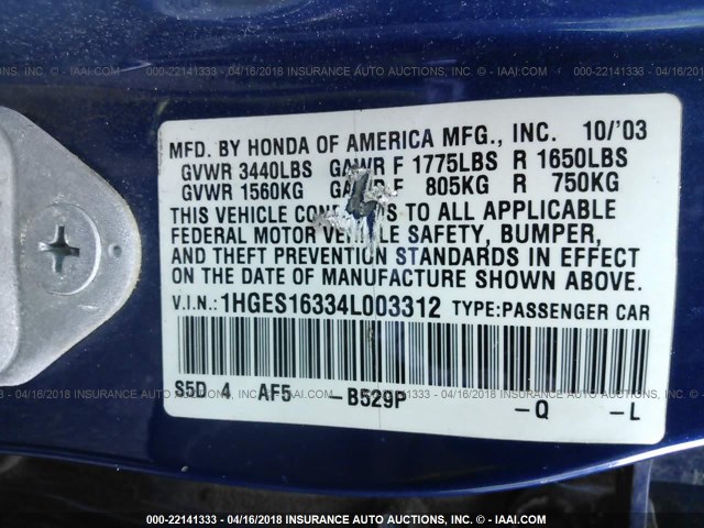 1HGES16334L003312 - 2004 HONDA CIVIC DX VP BLUE photo 9