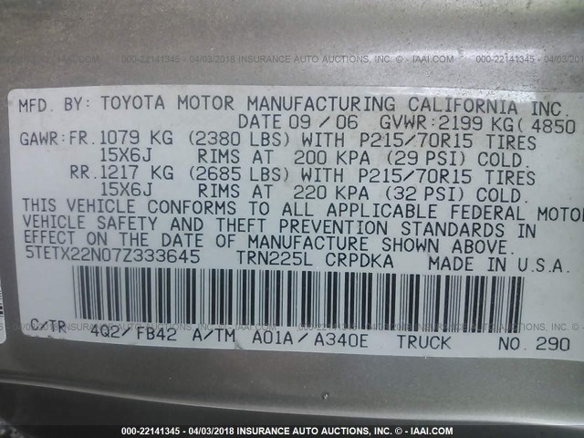 5TETX22N07Z333645 - 2007 TOYOTA TACOMA ACCESS CAB Алтын фото 9