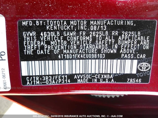 4T1BD1FK4EU098103 - 2014 TOYOTA CAMRY HYBRID/LE/XLE 红色 照片 9