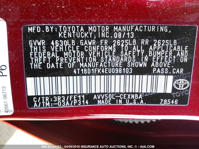 4T1BD1FK4EU098103 - 2014 TOYOTA CAMRY HYBRID/LE/XLE RED photo 9