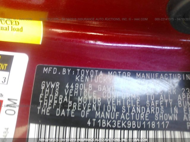 4T1BK3EK9BU118117 - 2011 TOYOTA CAMRY SE/LE/XLE BURGUNDY photo 9