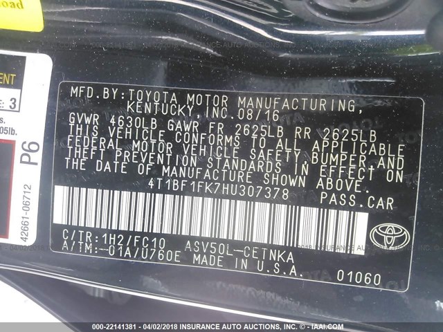 4T1BF1FK7HU307378 - 2017 TOYOTA CAMRY LE/XLE/SE/XSE Dark Blue photo 9