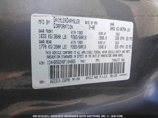 1D4HB582X6F164865 - 2006 DODGE DURANGO LIMITED GRAY photo 9