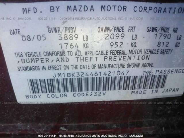 JM1BK324461421047 - 2006 MAZDA 3 S RED photo 9