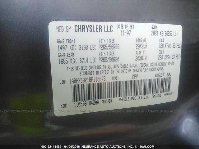 1A8HX58218F115676 - 2008 CHRYSLER ASPEN LIMITED ნაცრისფერი ფოტო 9
