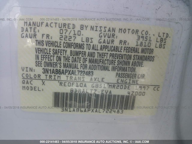 3N1AB6APXAL722483 - 2010 NISSAN SENTRA 2.0/2.0S/SR/2.0SL WHITE photo 9