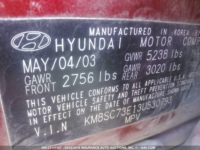 KM8SC73E13U530793 - 2003 HYUNDAI SANTA FE GLS/LX MAROON photo 9