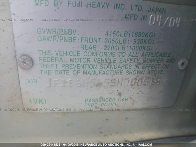 JF1SG65655H700518 - 2005 SUBARU FORESTER 2.5XS ნაცრისფერი ფოტო 9