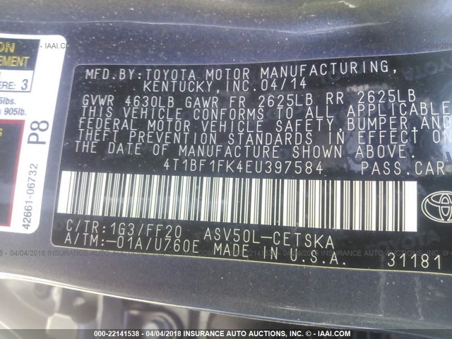 4T1BF1FK4EU397584 - 2014 TOYOTA CAMRY L/SE/LE/XLE 灰色 照片 9