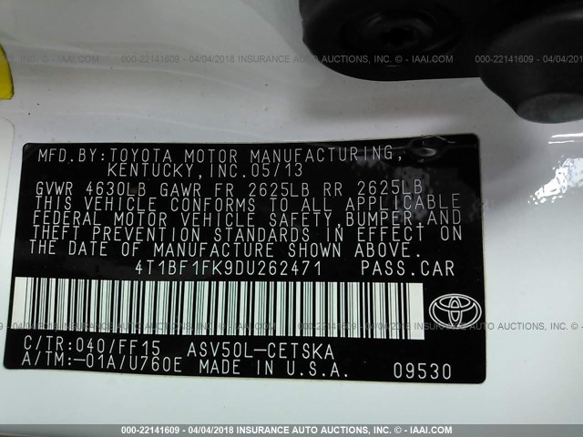4T1BF1FK9DU262471 - 2013 TOYOTA CAMRY L/SE/LE/XLE WHITE photo 9