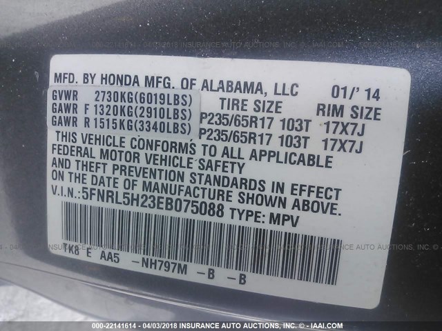 5FNRL5H23EB075088 - 2014 HONDA ODYSSEY LX GRAY photo 9