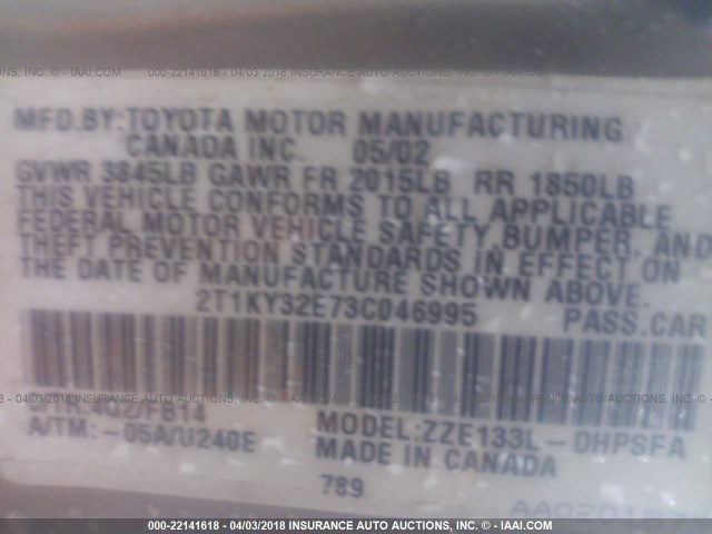 2T1KY32E73C046995 - 2003 TOYOTA COROLLA MATRIX XRS GOLD photo 9