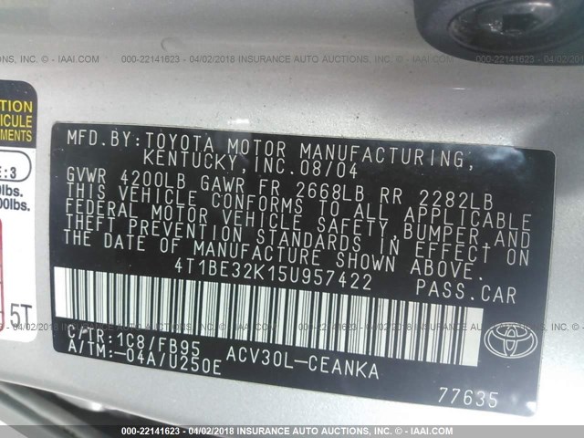 4T1BE32K15U957422 - 2005 TOYOTA CAMRY LE/XLE/SE SILVER photo 9