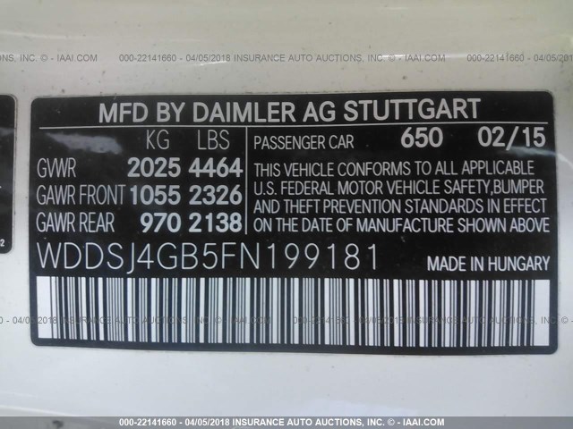 WDDSJ4GB5FN199181 - 2015 MERCEDES-BENZ CLA 250 4MATIC WHITE photo 9