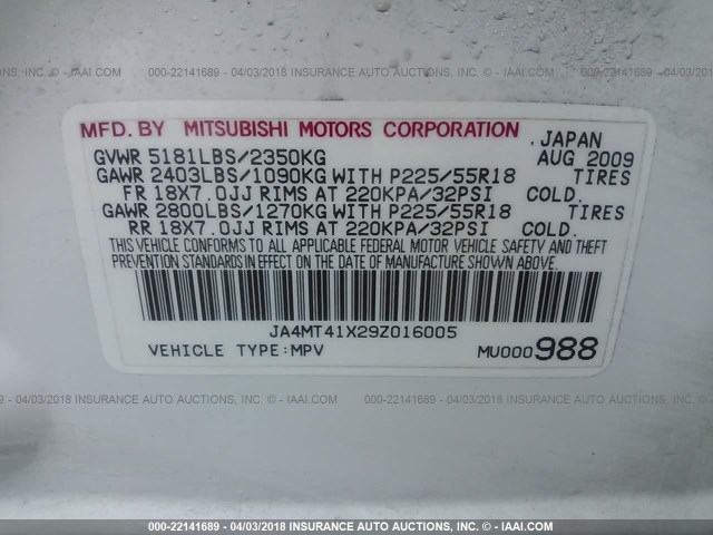 JA4MT41X29Z016005 - 2009 MITSUBISHI OUTLANDER XLS WHITE photo 9