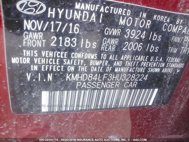 KMHD84LF3HU328224 - 2017 HYUNDAI ELANTRA SE/VALUE/LIMITED RED photo 9