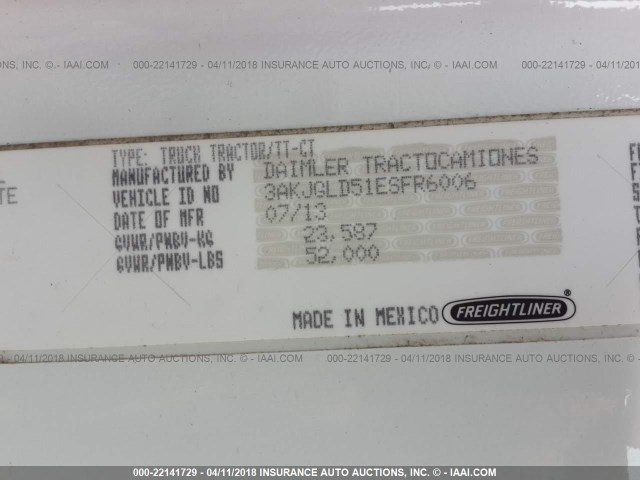 3AKJGLD51ESFR6006 - 2014 FREIGHTLINER CASCADIA 125  WHITE photo 10