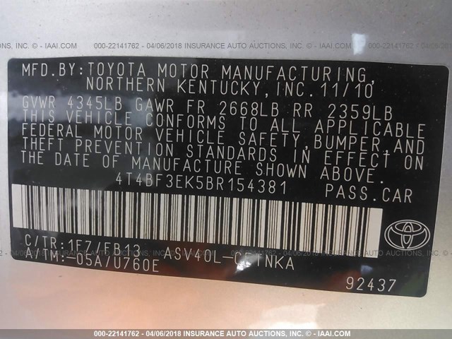 4T4BF3EK5BR154381 - 2011 TOYOTA CAMRY SE/LE/XLE Күміс фото 9