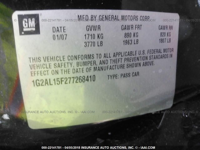 1G2AL15F277268410 - 2007 PONTIAC G5 BLACK photo 9