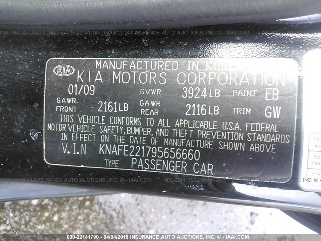 KNAFE221795656660 - 2009 KIA SPECTRA EX/LX/SX BLACK photo 9