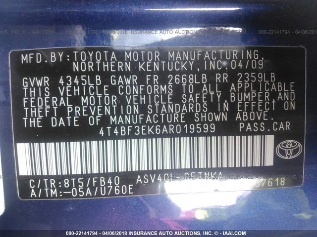 4T4BF3EK6AR019599 - 2010 TOYOTA CAMRY SE/LE/XLE 蓝色 照片 9