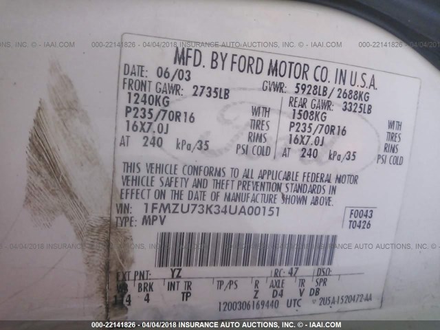 1FMZU73K34UA00151 - 2004 FORD EXPLORER XLT/XLT SPORT/NBX WHITE photo 9