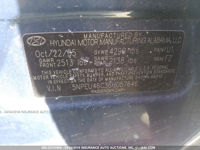 5NPEU46C36H057646 - 2006 HYUNDAI SONATA GLS/LX BLUE photo 9