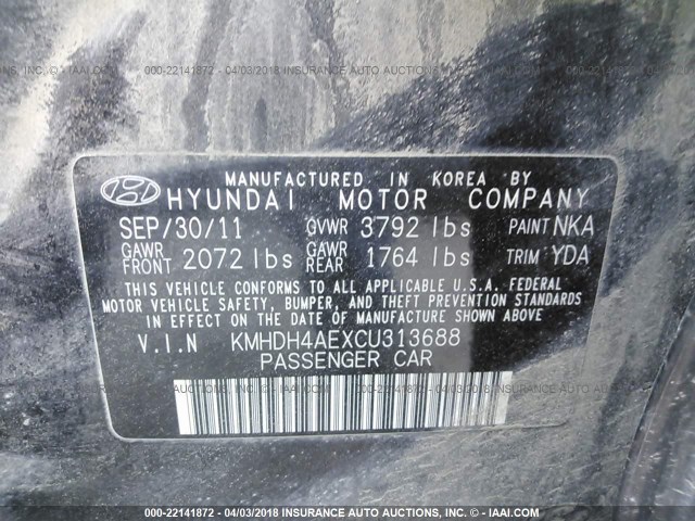 KMHDH4AEXCU313688 - 2012 HYUNDAI ELANTRA GLS/LIMITED BLACK photo 9