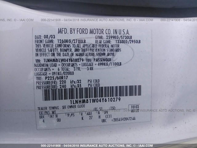 1LNHM81W04Y610279 - 2004 LINCOLN TOWN CAR EXECUTIVE/SIGNATURE Beyaz fotoğraf 9