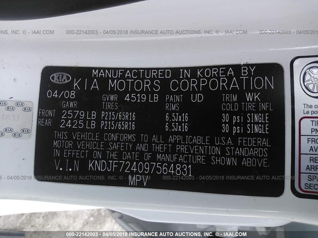 KNDJF724097564831 - 2009 KIA SPORTAGE LX WHITE photo 9