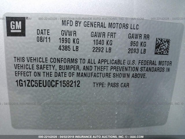 1G1ZC5EU0CF158212 - 2012 CHEVROLET MALIBU 1LT SILVER photo 9