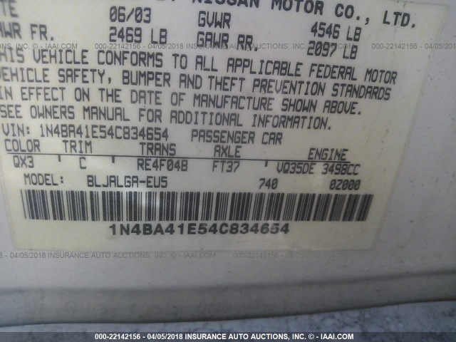 1N4BA41E54C834654 - 2004 NISSAN MAXIMA SE/SL WHITE photo 9