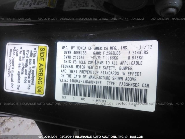 19UUA8F5XDA004946 - 2013 ACURA TL TECH BLACK photo 9