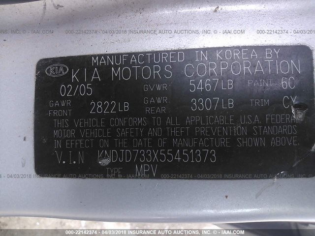 KNDJD733X55451373 - 2005 KIA SORENTO EX/LX SILVER photo 9