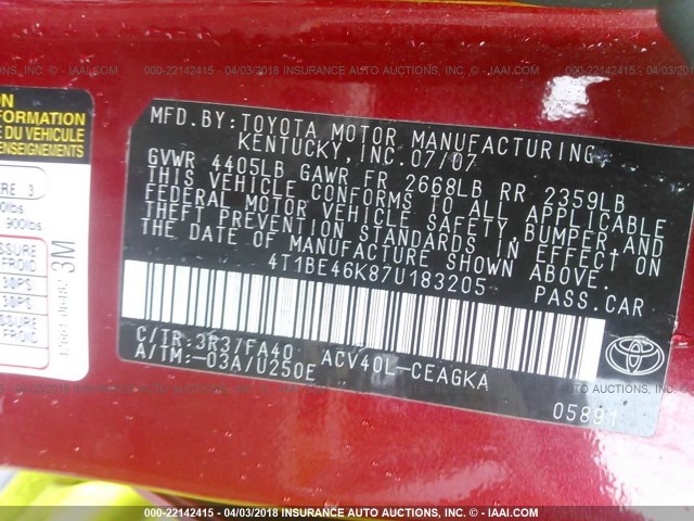 4T1BE46K87U183205 - 2007 TOYOTA CAMRY NEW GENERAT CE/LE/XLE/SE RED photo 9