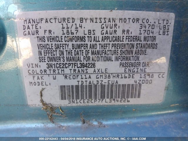 3N1CE2CP7FL394226 - 2015 NISSAN VERSA NOTE S/S PLUS/SV/SL/SR TEAL photo 9