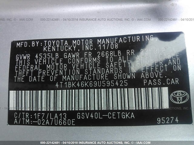 4T1BK46K69U595425 - 2009 TOYOTA CAMRY SE/LE/XLE ვერცხლისფერი ფოტო 9