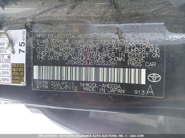 JTDKB20U673252281 - 2007 TOYOTA PRIUS BLACK photo 9