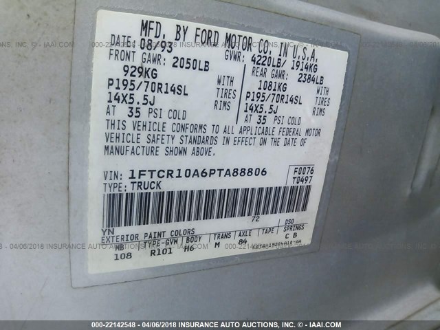 1FTCR10A6PTA88806 - 1993 FORD RANGER SILVER photo 9