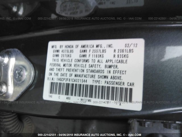 1HGCP3F81CA021544 - 2012 HONDA ACCORD EXL GRAY photo 9