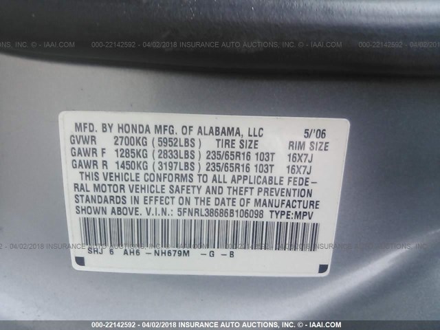 5FNRL38686B106098 - 2006 HONDA ODYSSEY EXL ტალღისფერი ფოტო 9