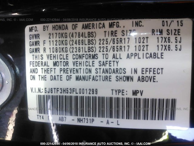 5J6TF3H53FL001299 - 2015 HONDA CROSSTOUR EXL შავი ფოტო 9