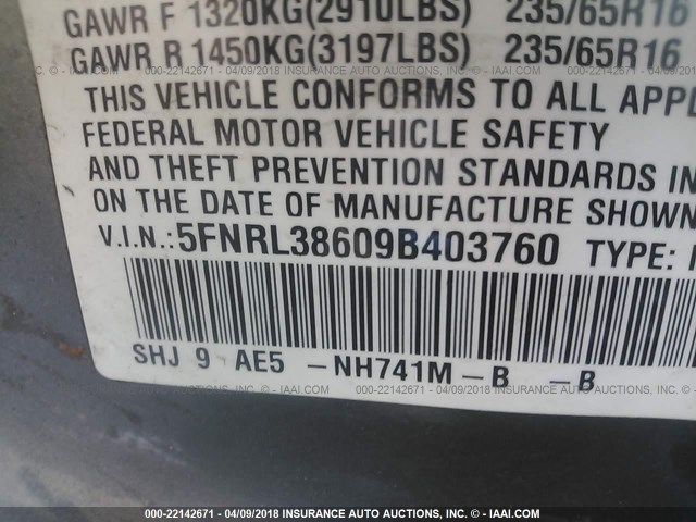 5FNRL38609B403760 - 2009 HONDA ODYSSEY EXL GRAY photo 9